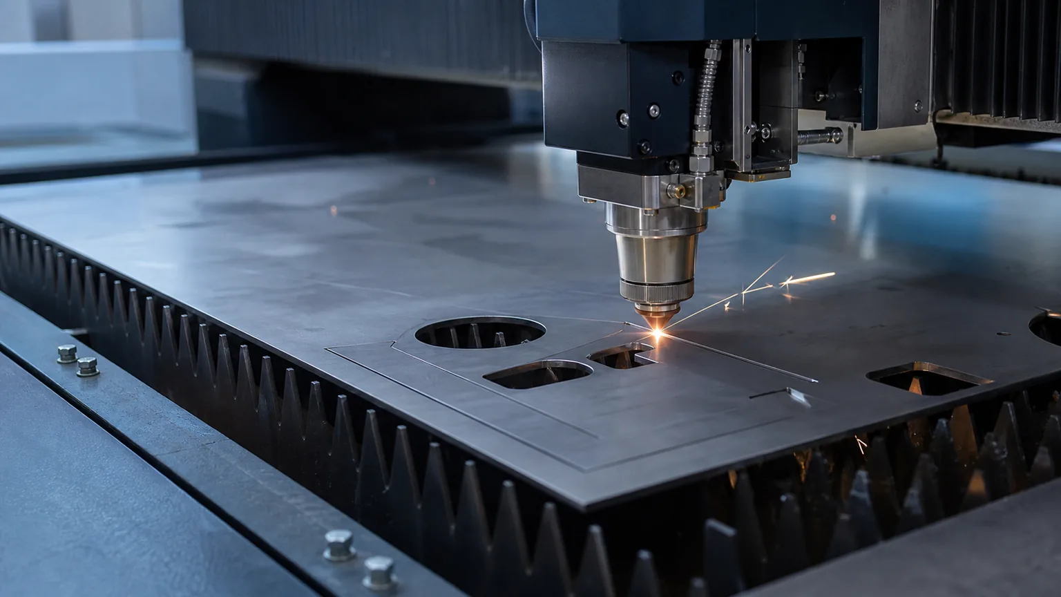 Cabezal de corte láser CNC trabajando sobre una lámina metálica