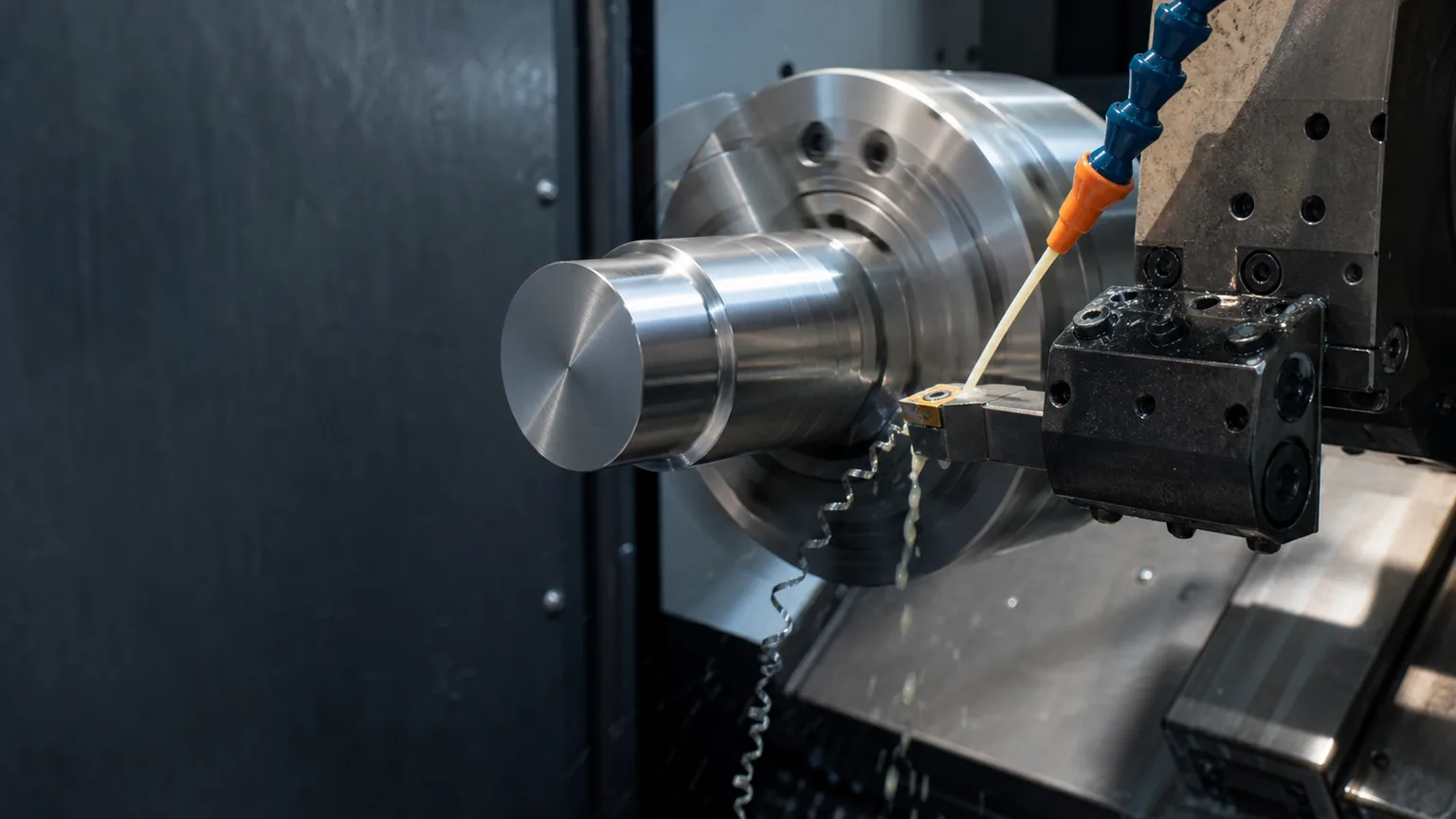 Torno CNC mecanizando un componente cilíndrico de acero